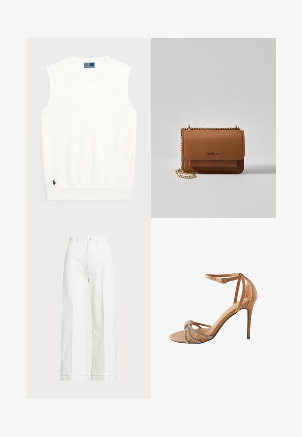 Pulover alb fără mâneci, realizat din bumbac moale, cu un tiv crenelat și un mic logo bleumarin în colțul din stânga jos. Design simplu, fără modele.; Pantaloni albi, cu picioare largi și talie înaltă, având închidere cu nasture și detalii de cusătură subtile. Fabricat din bumbac cu o textură netedă.; Pantof stiletto cu toc înalt din piele nudă, având un vârf legat cu detalii din strassuri și o curea subțire la gleznă cu o cataramă pătrată.; Geantă crossbody din piele texturată maro, cu curea din lanț aurit și închidere cu clapetă. Partea din față prezintă detalii cu logo și o buzunar sub clapetă.