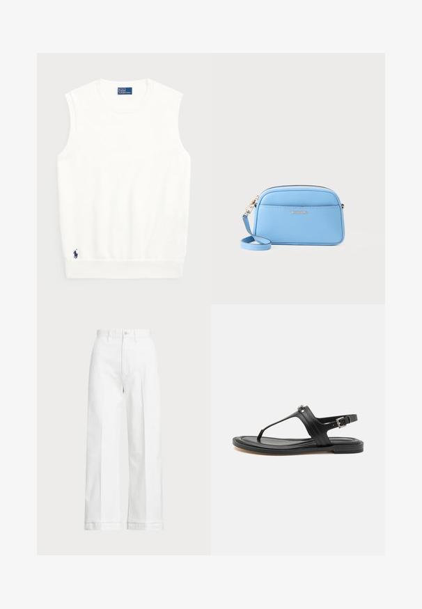 White sleeveless sweater made of smooth cotton, featuring a ribbed hem and a small navy logo on the bottom left. Simple design, no patterns.; White wide-leg trousers with a high waist, featuring a button closure and subtle stitching details. Made from cotton with a smooth texture.; Black leather thong sandal with an adjustable ankle strap, flat sole, and subtle stitching detail, featuring a silver accent near the toe post.; Light blue leather crossbody bag with gold-tone hardware, zip closure, and a front pocket. Features an adjustable strap for convenience.