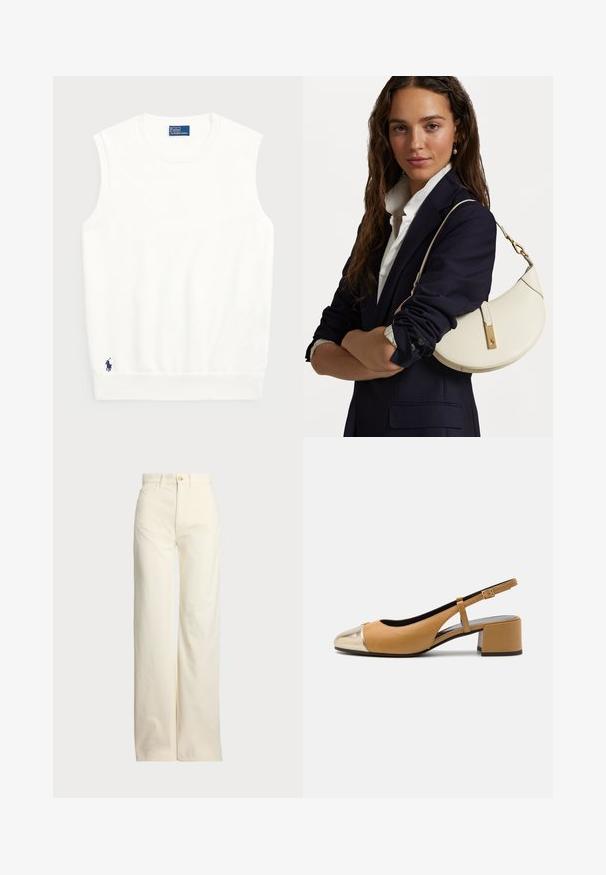 Pulover alb fără mâneci, realizat din bumbac moale, cu un tiv crenelat și un mic logo bleumarin în colțul din stânga jos. Design simplu, fără modele.; Polo Ralph Lauren COTTON CORDUROY WIDE-LEG PANT - Pantaloni - warm white; Pantofii slingback din piele de culoare tan, cu vârf de metal aurit, având un toc bloc și o curea subțire ajustabilă. Textură netedă, cu detalii minime.; Geantă din piele albă cu o formă curbată, dotată cu accente aurii și o finisare texturată, purtată peste un sacou închis la culoare și o cămașă albă.