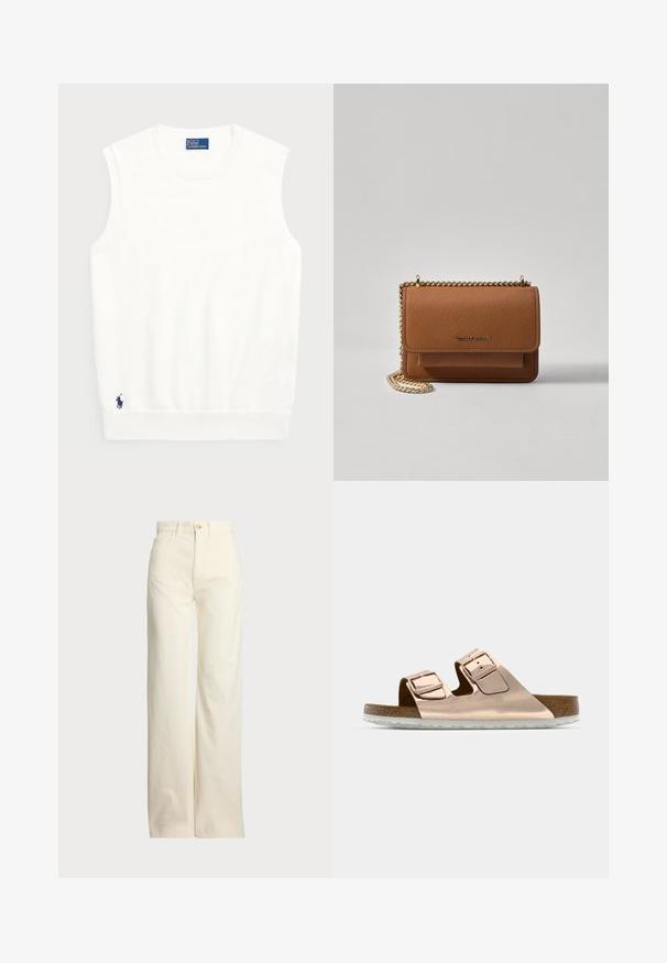 Pulover alb fără mâneci, realizat din bumbac moale, cu un tiv crenelat și un mic logo bleumarin în colțul din stânga jos. Design simplu, fără modele.; Polo Ralph Lauren COTTON CORDUROY WIDE-LEG PANT - Pantaloni - warm white; Sandale slide din aur roz cu două catarame metalice ajustabile, talpă din plută și talpă din cauciuc alb. Finisaj metalic neted, design cu degete libere.; Geantă crossbody din piele texturată maro, cu curea din lanț aurit și închidere cu clapetă. Partea din față prezintă detalii cu logo și o buzunar sub clapetă.