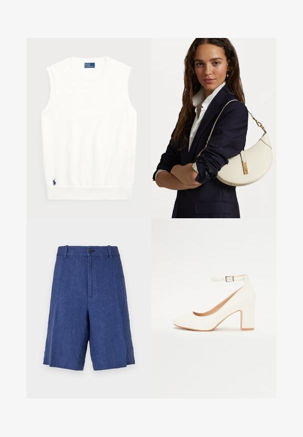 Sweater branco sem mangas, feito de algodão liso, com uma bainha canelada e um pequeno logotipo em navy na parte inferior esquerda. Design simples, sem padrões.; Calções de linho azuis com frente plana, fecho de botão e dois bolsos laterais. Apresenta um corte descontraído e uma textura suave.; Sandalha branca de salto alto com ponta afiada, salto bloco e tira no tornozelo. Acabamento suave com um brilho subtil e forro bege.; Bolsa de mão de couro branco com forma curva, material dourado e acabamento texturizado, usada sobre um blazer escuro e uma camisa branca.