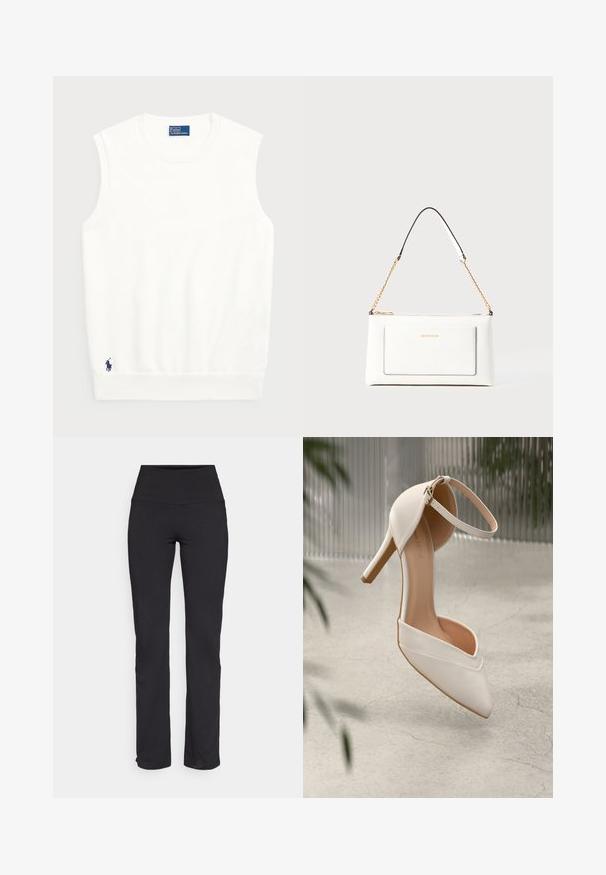 Valge ilma varrukateta kootud sviiter, mis on valmistatud siledast puuvillast, ribitud äärtega ja väikese tumesinise logoga alumises vasakus nurgas. Lihtne disain, ilma mustriteta.; Mustad kõrge vöökohaga mustad legginsid, valmistatud elastsetest kangast, sujuva tekstuuriga ja otsekardinate säärenäidikutega. Ilma nähtavate mustrite või aktsendita.; Valged kõrged kontsad siledast materjalist, terava ninaga ja pahkluu rihmaga. Omab heledat pruunikat sisetalu ja kuldset riistvara aktsenti.; Valge nahast kott tekstureeritud viimistlusega, millel on kuldne kettling ja mustad aktsendid. Include eesmine tasku ja tõmblukk.
