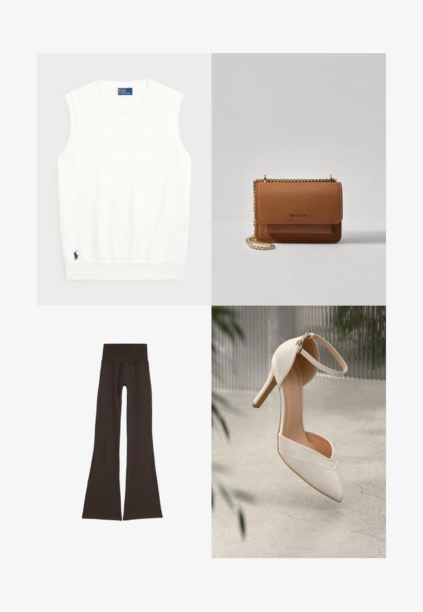 Maglione bianco senza maniche realizzato in cotone liscio, con orlo a coste e un piccolo logo blu navy in basso a sinistra. Design semplice, senza motivi.; Leggings a campana di un marrone scuro con un'ampia vita a coste. Realizzati in materiale morbido ed elasticizzato, presentano un design senza cuciture e senza hardware visibile.; Scarpa bianca con tacco alto in materiale liscio, con punta affilata e cinturino alla caviglia. Presenta un interno color beige chiaro e dettagli in metallo dorato.; Borsa a tracolla in pelle marrone con texture, dotata di catena dorata e chiusura a pattina. Sul davanti presenta un dettaglio con logo e una tasca sotto la pattina.