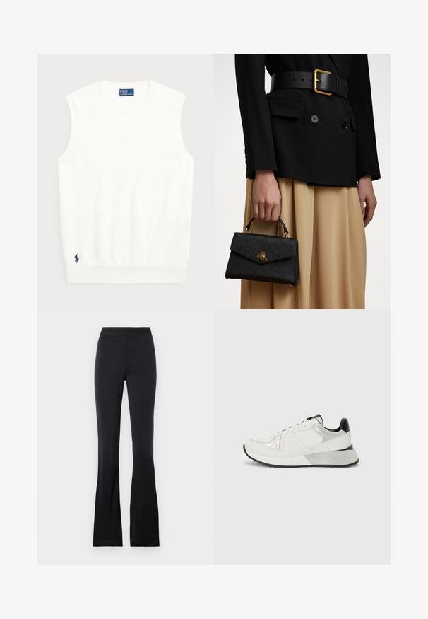 Sweater branco sem mangas, feito de algodão liso, com uma bainha canelada e um pequeno logotipo em navy na parte inferior esquerda. Design simples, sem padrões.; Versace Jeans Couture Leggings - Calças - black; Sapatilha desportiva branca com painéis em malha e cabedal, destaques prateados, design texturizado, capinha do calcanhar preta e sola de borracha. Vista lateral.; Bolsa estruturada preta com acabamento texturizado, ferragens douradas e uma alça superior. Usada com um blazer preto e uma saia bege.