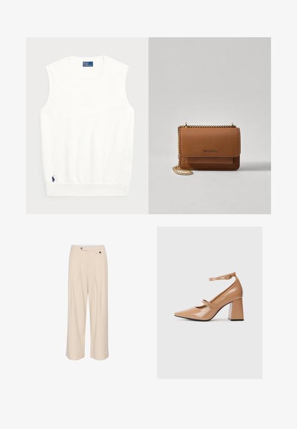 Suéter blanco sin mangas hecho de algodón suave, con un dobladillo acanalado y un pequeño logo azul marino en la parte inferior izquierda. Diseño simple, sin patrones.; Pantalones de pierna ancha beige con parte delantera plana, dos bolsillos laterales, cierre de botón y detalle de plisado para añadir textura y diseño.; Zapatos de tacón alto de charol color beige con punta afilada, correa en el tobillo y un tacón cuadrado y grueso. Textura suave con acabado brillante.; Bolso crossbody de cuero texturizado marrón con correa de cadena dorada y cierre de solapa. La parte frontal presenta un detalle de logo y un bolsillo debajo de la solapa.