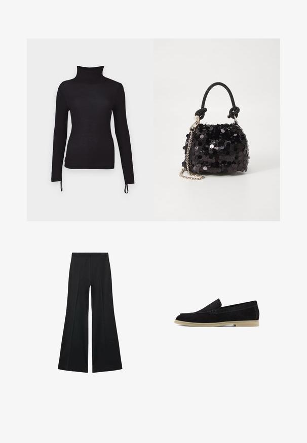 Black long-sleeve turtleneck shirt, slim fit, ribbed texture, featuring adjustable drawstrings at the hem for a customizable length.; Black wide-leg pants with a smooth texture, featuring front pleats and a tailored design. The fabric is lightweight and flowy.; Black suede loafers with a flat beige sole, featuring a stitched design and a sleek slip-on style, suitable for casual wear.; Black sequin mini handbag with a knotted textured strap and silver chain. Rounded shape with gathered top and reflective detailing.