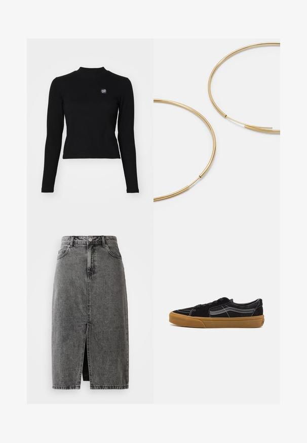Top negro de manga larga con textura acanalada, cuello alto y un pequeño logotipo bordado en el lado izquierdo del pecho. Presenta un diseño ajustado y corto.; Falda midi de mezclilla negra deslavada de talle alto, con abertura frontal, pasadores para cinturón y diseño clásico de cinco bolsillos.; Zapatillas de ante negro con costuras blancas y franja lateral distintiva, que presentan una suela de goma marrón y un diseño de corte bajo. Atadas con cordones negros.; Pendientes de aro color dorado, delgados y redondos, con un acabado metálico suave y sin adornos ni patrones.