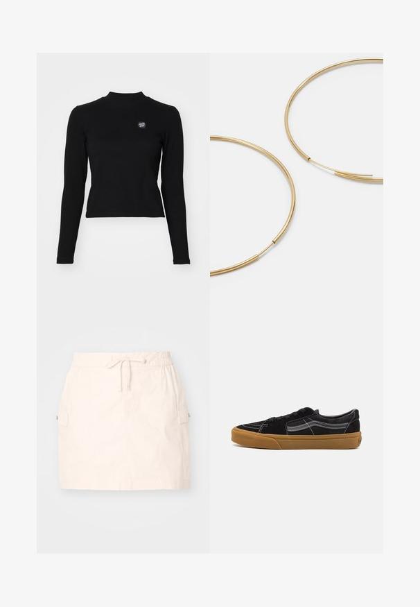 Top negro de manga larga con textura acanalada, cuello alto y un pequeño logotipo bordado en el lado izquierdo del pecho. Presenta un diseño ajustado y corto.; Falda de algodón color beige claro con cintura elástica y cordones, dos bolsillos laterales y un diseño recto. Textura suave.; Zapatillas de ante negro con costuras blancas y franja lateral distintiva, que presentan una suela de goma marrón y un diseño de corte bajo. Atadas con cordones negros.; Pendientes de aro color dorado, delgados y redondos, con un acabado metálico suave y sin adornos ni patrones.