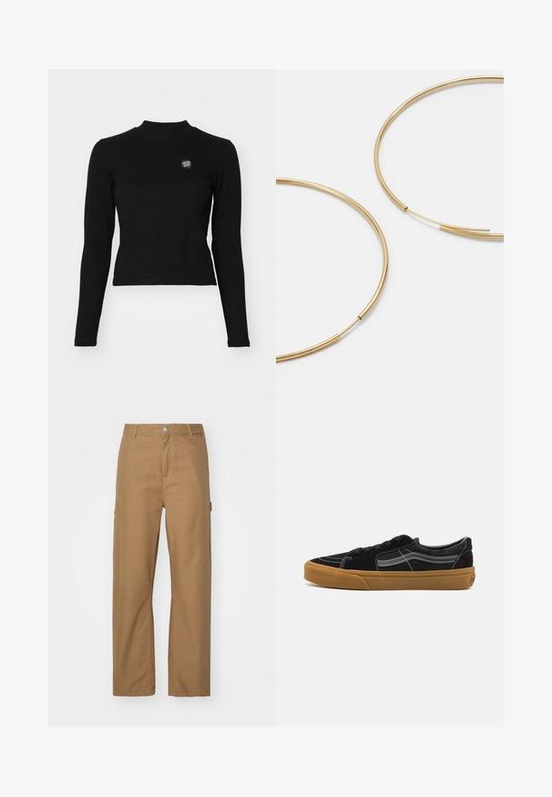 Top lungo nero a maniche, con una texture a coste, colletto alto e un piccolo logo ricamato sul lato sinistro del petto. Presenta un design corto e aderente.; Pantaloni beige con gamba dritta realizzati in tessuto misto cotone. Presentano una chiusura con bottone frontale e due tasche laterali; texture liscia e opaca.; Sneaker in suede nero con cuciture bianche e striscia laterale caratteristica, dotate di suola in gomma beige e design low-top. Allacciate con lacci neri.; Orecchini a cerchio color oro, sottili e rotondi, con una finitura metallica liscia e senza decorazioni o motivi.