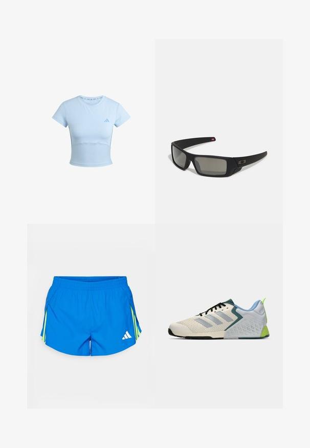 Light blue cropped athletic t-shirt with short sleeves, ribbed lower section, and subtle logo on the chest. Smooth texture, fitted design.; Blue athletic shorts made of lightweight material, featuring yellow accents, a drawstring waistband, and a white logo on the lower right corner.; Lightweight athletic shoes featuring a cream mesh upper, grey stripes, a green accent, and a textured blue heel counter. Black laces.; Black sunglasses with a matte finish, rectangular lenses, slight curve on temples, subtle logo detail, and smoke-tinted lenses.