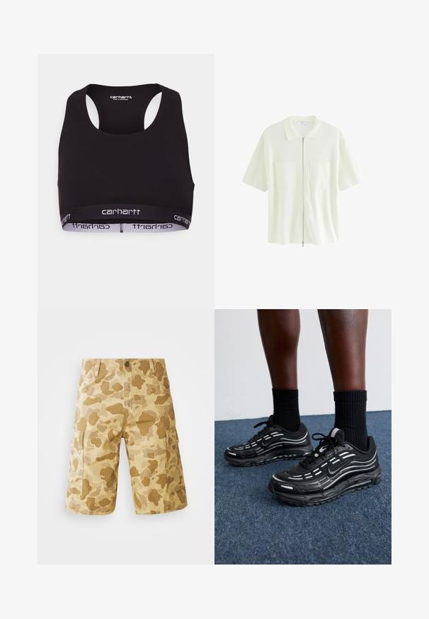Schwarzer Sport-BH mit rundem Ausschnitt und Racing-Rücken-Design. Verfügt über einen verstärkten Bund mit weißem "Carhartt"-Branding. Weicher Stoff.; Kurzärmliges, weißes Kapuzenshirt aus strukturiertem Stoff mit Kragen und zwei Vordertaschen mit quadratischen Klappen.; Beige Cargo-Shorts mit einem Camouflage-Muster in Braun-Tönen, ausgestattet mit seitlichen Taschen, einem knopfbarem Bund und vertikaler Rippoptik.; Schwarze Nike-Schuhe verfügen über ein Obermaterial aus Mesh mit Akzentstreifen, strukturiertem Schnürsystem und einer schwarzen Gummisohle. Getragen mit schwarzen, gerippten Socken.