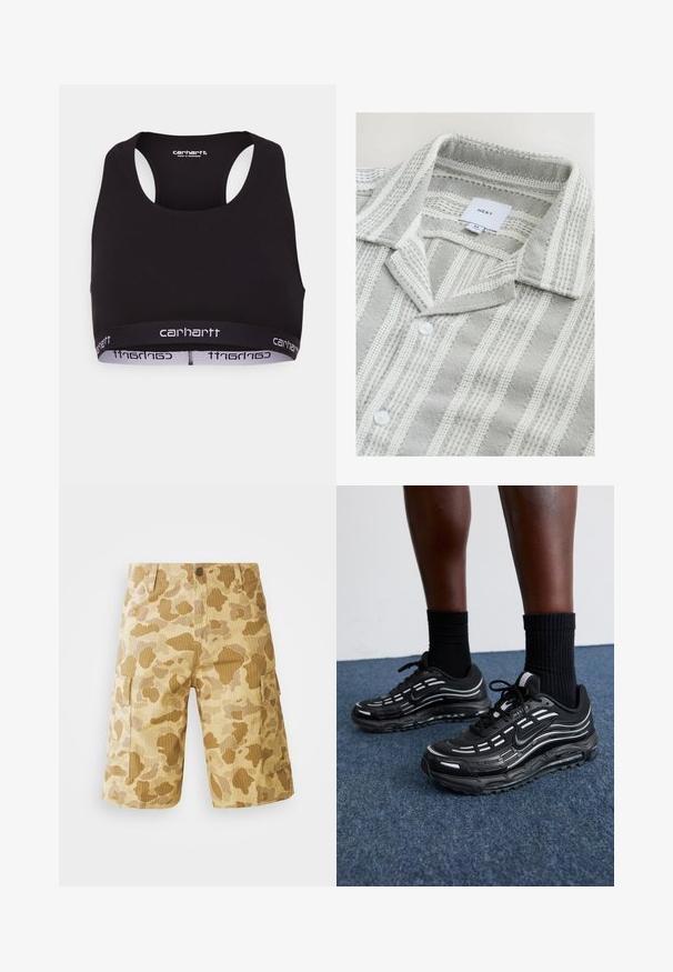 Soutien-gorge de sport noir avec un col rond et un dos nageur. Dispose d'une taille renforcée avec une marque "Carhartt" blanche. Texture de tissu douce.; Chemise rayée grise et blanche avec un tissu texturé, dotée d'un col classique, d'une fermeture à boutons et d'une étiquette.; Shorts cargo beiges avec un motif camouflage dans des nuances de brun, présentant des poches latérales, une taille à boutons et une texture à côtes verticales.; Des chaussures Nike noires présentent une tige en mesh avec des rayures d'accent, un laçage texturé et une semelle en caoutchouc noir. Portées avec des chaussettes noires côtelées.
