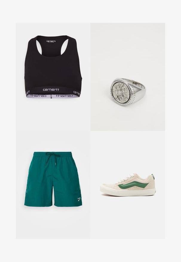Čierny športový podprsenka s okrúhlym výstrihom a dizajnom so závodným chrbtom. Obsahuje zosilnený pás s bielym brandingom "Carhartt". Mäkka textúra látky.; Reebok Classic CROSS CHECK - Tepláky - collegiate green; Béžové semišové tenisky s zelenými koženými akcentmi, zaoblená špička, biele šnúrky a textúrované detaily na stranách. Viditeľná gumová podrážka.; Strieborný prsteň so vzorovaným oválnym uchopením a vyvýšeným dekoratívnym prvkom. Zložitá výzdoba obklopuje centrálny dizajn.