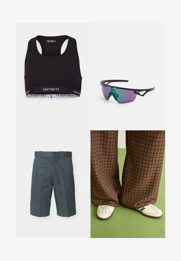 Sort sports-bh med rund halsudskæring og racerback-design. Har et forstærket taljebånd med hvid "carhartt" branding. Blød stoftekstur.; Mørkegrå shorts lavet af et robust stof. Har et klassisk lige snit, flad front og standard bæltestropper. Ingen synlige lommer.; Brune og blå ternede brede benbukser parret med hvide sko med sorte accenter og strukturerede såler, sat mod en grøn baggrund.; Sports solbriller med en sort ramme, store gradient linser med lilla og grønne nuancer, samt vinklet design med logo detaljer.