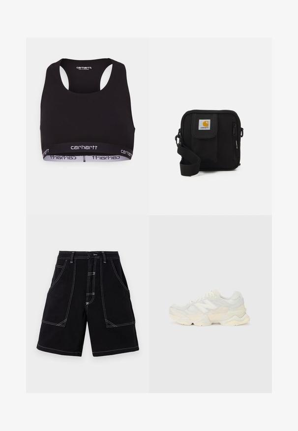 Sutien sport negru cu decolteu rotund și design tip racerback. Dispune de un elastic întărit cu brandul alb "carhartt". Textură moale a materialului.; Pantaloni scurți cargo negri cu cusături albe contrastante, multiple buzunare și o croială dreaptă. Fabricati dintr-un material durabil, cu o textură fină.; Adidaș ușor, cu un superior din plasă și piele întoarsă în nuanțe de crem moale, cu o talpă groasă și accente tridimensionale.; Geantă de umăr neagră, cu un compartiment principal cu fermoar, buzunar frontal, curea ajustabilă și un logo vizibil pe capac.