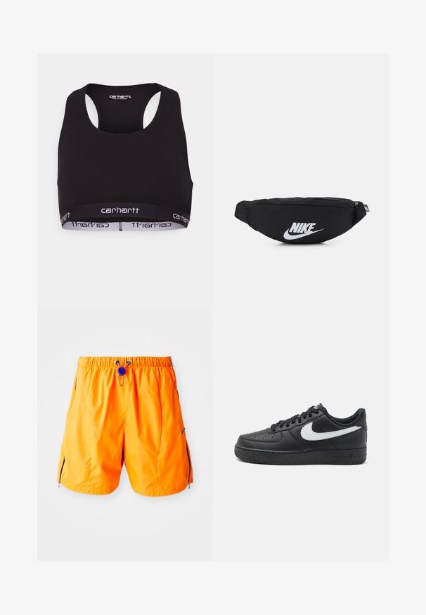 Zwarte sportbeha met een ronde halslijn en racerback ontwerp. Voorzien van een versterkte tailleband met witte "carhartt" branding. Zachte stof textuur.; Oranje sportieve shorts met elastische tailleband, verstelbare trekkoord en zijzakken met rits. Gemaakt van soepel, lichtgewicht stof.; Zwarte Nike Air Force 1 sneakers met een glad leren bovenzijde, witte logoaccent, geperforeerde neus en een textuur rubberen zool.; Zwarte nylon heuptas met een ritsluiting, voorzien van een groot wit Nike-logo. Soepele textuur en ergonomisch ontwerp voor comfortabel dragen.