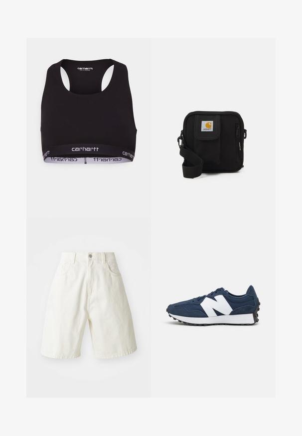 Sutiã desportivo preto com decote redondo e design às costas em estilo nadador. Apresenta uma faixa na cintura reforçada com a marca "carhartt" em branco. Textura de tecido suave.; Shorts de ganga brancos com um corte descontraído, apresentando um cós, cinco bolsos e pernas retas. O tecido tem uma ligeira textura.; Ténis atléticos azul-marinho com logótipo branco, parte superior em camurça e malha, apresentando um colar acolchoado, atacadores planos e sola texturizada em borracha preta.; Bolsa transversal preta com um compartimento principal com fecho éclair, bolso frontal, alça ajustável e um logotipo visível na aba.