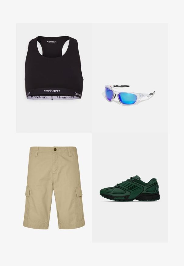 Crna sportska grudnjak s okruglim izrezom i dizajnom s racerback. Ima ojačan pojas s bijelim "carhartt" brendingom. Mekana tekstura tkanine.; Bež sive kratke hlače od laganog materijala, s ravnim prednjim dijelom, bočnim džepovima i teksturiranim uzorkom, namijenjene za svakodnevno nošenje.; Tamnozeleni Nike tenisice za trčanje s crnim detaljima, mrežastim gornjim dijelom, vezicama i punom Nike Air jedinicom na bijeloj pozadini.; Sportske sunčane naočale s prozirnim okvirom, plavim i ljubičastim zrcalnim lećama, oštrim dizajnom i crnim akcentima na sljepoočnicama.