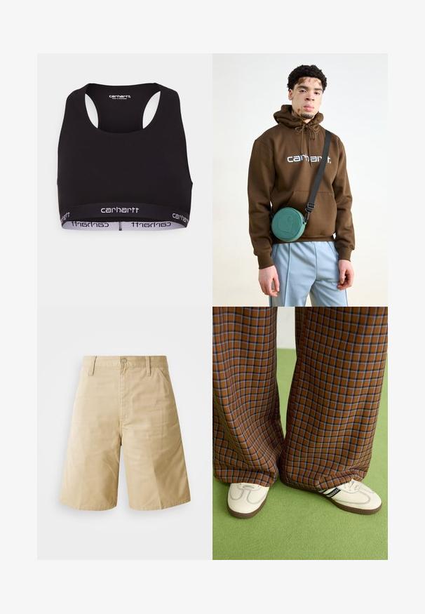 Czarny stanik sportowy z okrągłym dekoltem i konstrukcją na plecach typu racerback. Posiada wzmocniony pas z białym logo "carhartt". Miękka tekstura materiału.; Beżowe bawełniane szorty o prostym kroju, z zapięciem na guzik, zamkiem błyskawicznym i kieszeniami bocznymi. Gładka tekstura i plisowany detal z przodu.; Brązowo-niebieskie spódnice w kratę o szerokich nogawkach zestawione z białymi butami z czarnymi akcentami i teksturowaną podeszwą, na tle zielonego tła.; Brązowa bluza z kapturem i białym logo, w zestawieniu z jasnoniebieskimi spodniami. Okrągła zielona torba wisi na czarnym pasku przez ciało.