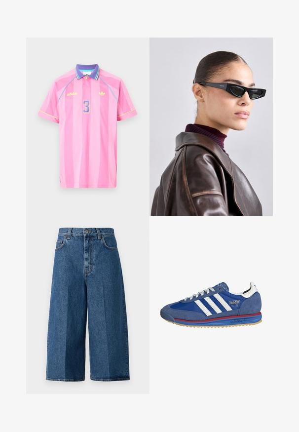 Vaaleanpunainen Adidas-pikeepaita, jossa on pystysuoria raitoja, violetti kaulus, sinisiä ja keltaisia yksityiskohtia sekä kevyesti sininen numero "3" etupuolella.; Filippa K Farkkushortsit - washed mid; Siniset mokkanahkakengät, joissa on valkoiset raidat, punaiset ja siniset yksityiskohdat sekä kumipohja. Sisältää tekstuuripintaa ja klassisen urheilullisen muotoilun.; Musta kissa-silmälasisetti logolla tempussa, jota malli käyttää ruskean nahkatakin ja violetin trikoopaidan kanssa sisätiloissa.