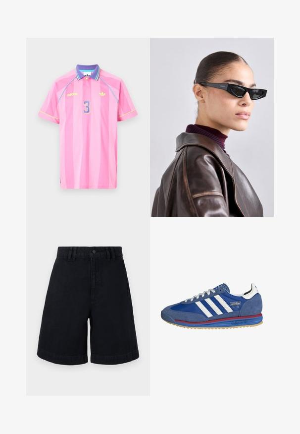 Rosa Adidas polo skjorte med vertikale striper, en lilla krage, blå og gule detaljer, og tallet "3" i lyseblått på forsiden.; Sorte denimshorts med rett snitt, med knapplukking, beltehemper og rullet søm. Glatt tekstur med subtile sømdetaljer.; Blå suedesneakers med hvite striper, røde og blå detaljer, og en gummisåle. Har teksturert stoff og et klassisk atletisk design.; Sorte katteøye solbriller med logo på brillestangen, båret av en modell i en brun skinnjakke og lilla genser, innendørs.
