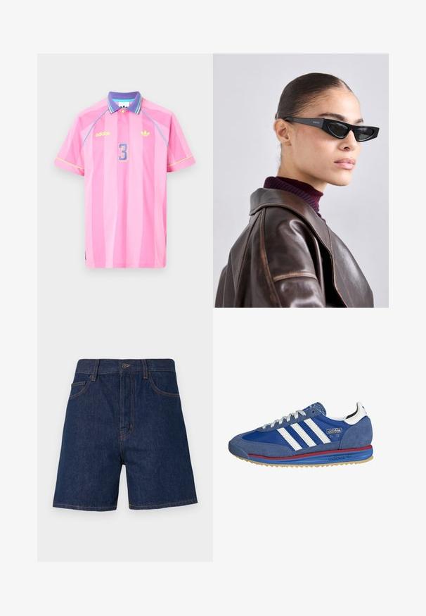 Camisa polo Adidas rosa con rayas verticales, un collar morado, detalles en azul y amarillo, y el número "3" en azul claro en el frente.; Pantalones cortos de mezclilla azul oscuro que presentan un diseño clásico de cinco bolsillos, costuras naranjas visibles y un cierre de botón en la cintura.; Zapatillas de ante azul con rayas blancas, acentos rojos y azules, y una suela de goma. Presentan una tela texturizada y un diseño atlético clásico.; Gafas de sol estilo gato negro con logotipo en la patilla, llevadas por un modelo en una chaqueta de cuero marrón y un jersey de cuello alto morado, en interiores.