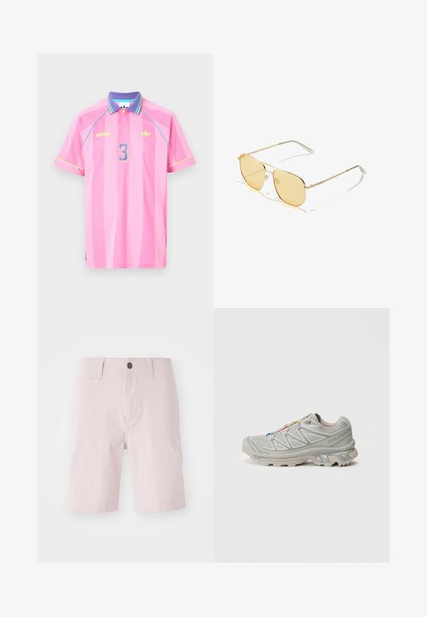 Lyserød Adidas polo t-shirt med lodrette striber, en lilla krave, blå og gule detaljer samt nummeret "3" i lys blå på fronten.; Lyserøde shorts lavet af bomuld, med flad front, bæltestropper, en enkelt knaplukning og sidelommer. Glat tekstur.; Lyst grå sportsko med en tekstureret mesh-overdel, reflekterende detaljer, karakteristisk sål med mønster og farverige snørebånd. Har en støttende design.; Hawkers CAD - Solbriller - gold