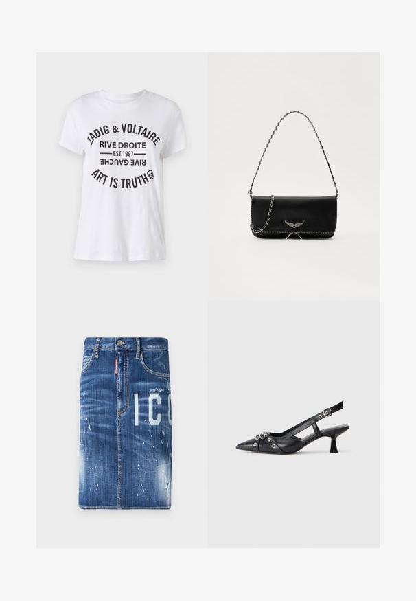 Weißes Baumwoll-T-Shirt mit fettem schwarzen Text, der den Markennamen, den Standort, das Gründungsdatum und den Slogan in einem kreisförmigen Layout zeigt. Rundhalsausschnitt.; Jeansrock in Dunkelblau mit abgenutzten Details, hellen Ausbleichungen und bedruckten Buchstaben. Mit normalem Taillenbund und Reißverschluss.; Schwarzer Leder-Slingback-Schuh mit spitz zulaufender Zehenpartie, dekorativen Riemen mit METALLÖSEN und niedrigem Blockabsatz. Strukturelle Oberfläche.; Schwarze Lederhandtasche mit einem silbernen Kettenriemen, verziert mit dekorativen Flügelakzenten und weißen Nähten entlang der unteren Naht.