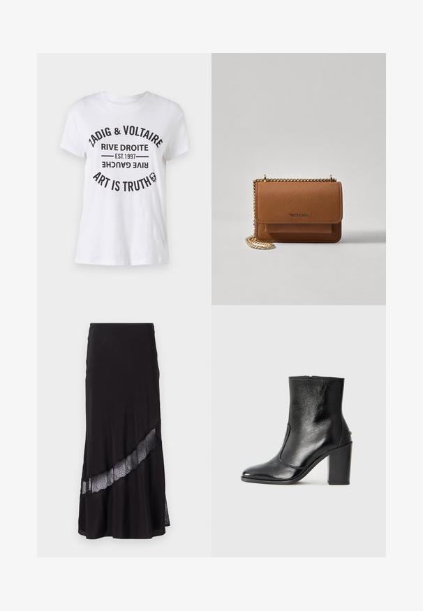 Valge puuvillane T-särk, millel on julge must kiri, kus on brändi nimi, asukoht, asutamise kuupäev ja loosung ringikujuliselt. Ümar kaelus.; Mustamine seelik, mis on valmistatud siledast kangast, esitades pitsi lisandi diagonaalselt hemmi ääres. Laienev disain õrnalt sädeleva viimistlusega.; Must kõvale nahast pahklipsu saapad, millel on sile tekstuur, terav varvas ja paks kõrge kann. Omab külgavatust ja minimalistlikku disaini.; Pruun tekstureeritud nahk ristkeha kott kuldse ahelaga rihmaga ja klapiga sulgemine. Esiküljel on logo detail ja tasku klapi all.