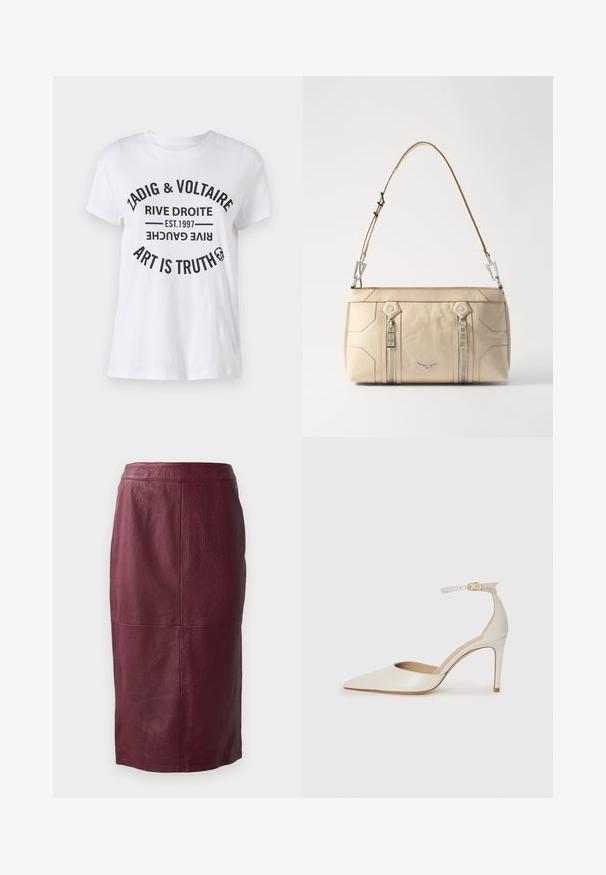 Bela bombažna majica z drznim črnim besedilom, ki vsebuje ime blagovne znamke, lokacijo, leto ustanovitve in slogan v krožni postavitvi. Okrogla ovratnica.; Bordo usnjena svinčnik krila z gladko teksturo, zasnova do kolen in subtilnimi šivi. Nobeni zapenjalni elementi niso vidni.; Bela usnjena čevlja na visoki peti z ozkim prstom, trakom okoli gležnja in tanko stiletto peto. Gladka tekstura z rahlim sijočim finišem.; Bežna usnjena torbica z argentinsko kovino, dvema stranskima zadrgama, strukturirano zasnovo in snemnim trakom za vsestranskost.