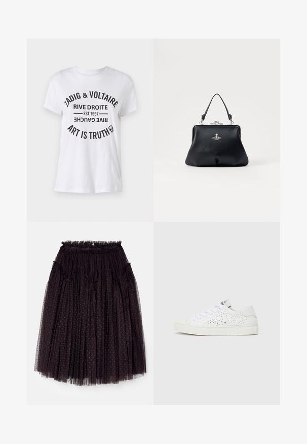 Witte katoenen t-shirt met gedurfde zwarte tekst met merknaam, locatie, oprichtingsdatum en slogan in een circulair ontwerp. Ronde hals.; Needle & Thread ARABESQUE MIDAXI SKIRT - A-lijn rok - graphite; Witte lage sneakers met geperforeerd ontwerp, platte veters en een gestructureerde rubberen zool. Kenmerkt zich door een minimalistische stijl en een zachte afwerking.; Zwarte leren handtas met een gestructureerde oppervlakte, zilveren hardware, sluiting met een haak, en een korte handgreep om te dragen. Compacter en gestructureerd ontwerp.