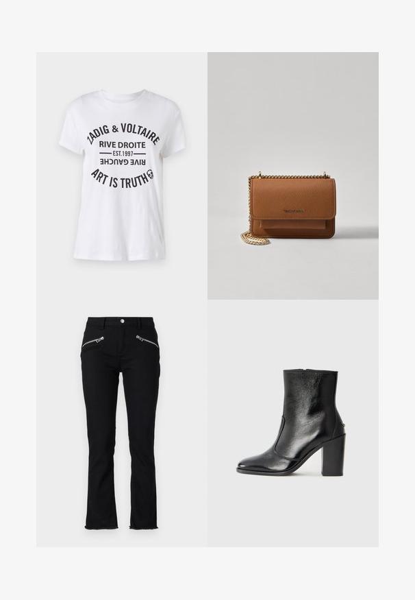 Witte katoenen t-shirt met gedurfde zwarte tekst met merknaam, locatie, oprichtingsdatum en slogan in een circulair ontwerp. Ronde hals.; Zwarte denim broeken met een slim fit, twee met rits afgesloten voorzakken en gefranjerde hemden. Gemaakt van een katoenmix.; Zwarte leren enkelboot met een gladde textuur, spitse neus en een gedurfde hoge hak. Beschikt over een zijopening en een minimalistisch ontwerp.; Bruine lederen schoudertas met textuur, voorzien van een gouden kettingstrap en klepsluiting. De voorkant heeft een logo-detail en een zak onder de klep.