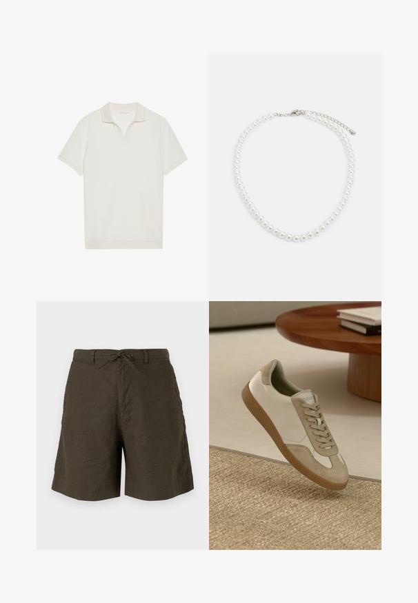 Hvit, kortermet polo-skjorte med V-hals og teksturert stoff. Enkel design med kontrastfarge på krage og erme. ; Kaki shorts laget av lin, med snor i livet, sidelommer og en avslappet passform med en jevn tekstur.; Lett sko med en hvit skinn-overdel og beige semsket skinn-detaljer, rund tupp og en teksturert brun gummisåle.; Hvit perlekjede med en enhetlig rund form, glatt overflate, og metallspenne med en forlengelseskjede for justerbar lengde.