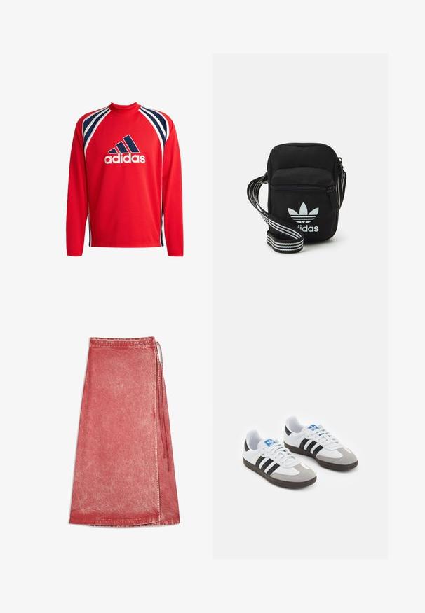 Červené sportovní tričko s dlouhým rukávem s síťovanou texturou, námořnickými a bílými pruhy a centrálním černým logo Adidas.; Červená denimová zavinovací sukně s vybledlým efektem, ke kotníkům, s bočním zavazováním a prošívaným lemem.; Sportovní boty s bílým koženým svrškem, šedou semišovou špičkou a třemi černými pruhy. Obsahují modré logo na jazyku a texturovanou gumovou podrážku.; Černá crossbody taška z látky se zipovým uzávěrem, obsahující bílé logo Adidas a pruhovaný nastavitelný popruh pro snadné nošení.