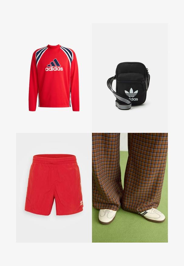 Punainen pitkähihaisten urheilu paita, jossa on verkkotekstuuri, tummansinisiä ja valkoisia raidoituksia sekä keskellä musta Adidas-logo.; Punaiset uimaportsarit, jotka on valmistettu kevyestä kankaasta, varustettu joustavalla vyötärönauhalla, sileällä pinnalla ja pienellä valkoisella logolla vasemmassa alakulmassa.; Ruskonsin ja sininen ruutukuvioinen leveälahkeinen housut yhdistettynä valkoisiin kenkiin, joissa on mustia yksityiskohtia ja tekstuuripohjat, vihreää taustaa vasten.; Musta kangas olkalaukku vetoketjulla, jossa on valkoinen Adidas-logo ja raidallinen säädettävä hihna helppoa kantamista varten.