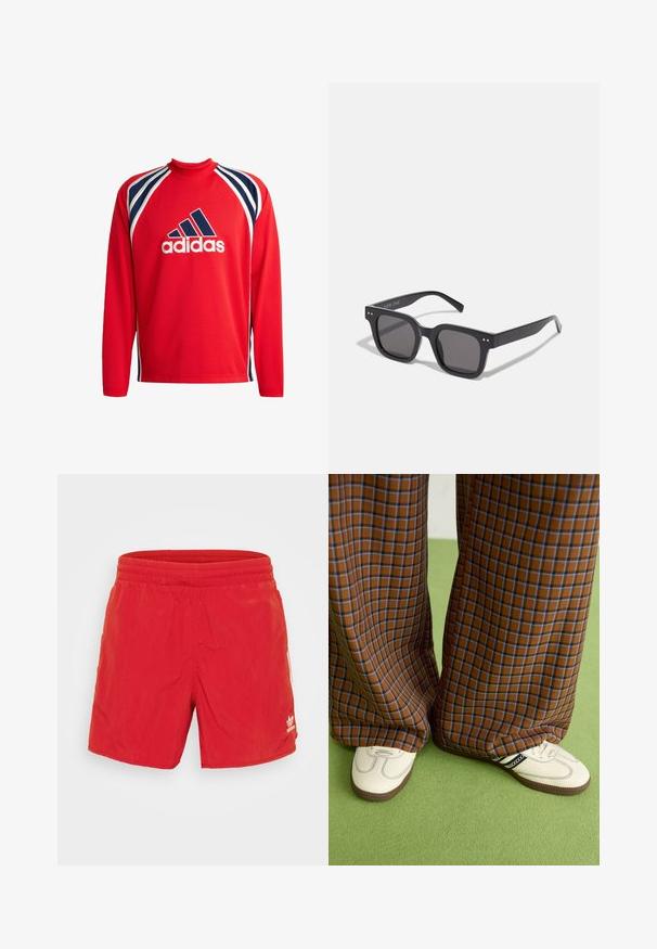 Raudona ilgomis rankovėmis sportinė marškinė, turinti tinklinę tekstūrą, tamsiai mėlynas ir baltas juosteles bei centriniu juodu Adidas logotipu.; Raudoni maudymosi šortai, pagaminti iš lengvos medžiagos, su elastingu juosmeniu, lygiu paviršiumi ir mažo balto logotipo, esančio apatiniame kairiajame kampe.; Rudos ir mėlynos langelinės plačios kelnės, derinamos su baltais batais su juodais akcentais ir tekstūruotais padais, prieš žalią foną.; Juodos stačiakampės saulės akinių su tamsiais lęšiais, turinčiais storą rėmelį, subtilias detales šonuose ir be matomų logotipų, išskyrus prekės pavadinimą.