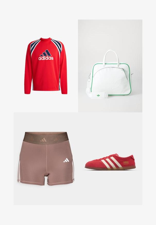 Punane pikkade varrukatega spordipusa, millel on võrgutextuur, tumesinised ja valged triibud ning keskel must Adidas logo.; Pruunid spordilühikesed püksid, millel on lai, tekstuuriga vöökoht. Küljel on valged kolm riba ja väike valge logo.; Punane siidise nahast toss, millel on valge kolme riba disain, lame tall ja kuldne logo detail. Madala lõikega disain, ümar varvas ja paeltega sulgemine.; Valge nahast kott rohelise äärisega, millel on esiletõstetud embosed logo, kahekordsed käepidemed, eemaldatav rihm ja lukuga esi-tasku.
