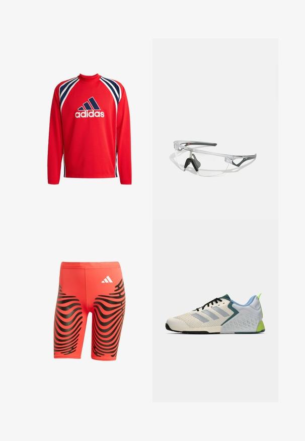 Rød langermet sportsskjorte med mesh-struktur, marineblå og hvite striper, og en sentral svart Adidas-logo.; Røde idrettsshorts laget av glatt stoff med et svart bølgete mønster, med en hvit Adidas-logo ved midjen.; Lettvektsidrettssko med et kremfarget mesh-overdel, grå striper, en grønn detalj og en teksturert blå hæl. Svarte lisser.; Klare sikkerhetsbriller med en lett, gjennomsiktig ramme og grå detaljer. Har en innpakket design og justerbar nesestykke.
