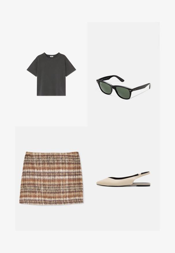 Siva bombažna majica s kratkimi rokavi, okroglo izrezana in sproščenega kroja. Površina je gladka, šivi pa so vidni ob robovih.; Karirana volna krilo v zemeljskih odtenkih rjave in bež barve z mehko teksturo. Oblika vključuje horizontalne in vertikalne črte.; Beige usnjeni slingback baletki s koničastim nosom, minimalistična zasnova, gladka tekstura in nizko črno podplato.; Črne plastične sončna očala z zelenimi lečami, kvadratni okvirji, srebrni detajl na obrvi in teksturirani ročaji. Blagovna znamka navedena na notranji strani ročaja.; Črna usnjena torbica za čez ramo v obliki polmeseca, z teksturirano površino, zlatim zadrgo in ravnim trakom. Kompaktna zasnova, primerna za osnovne stvari.
