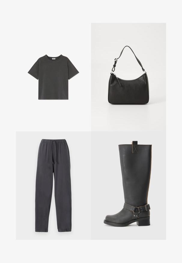 Szara bawełniana koszulka z krótkim rękawem, okrągłym dekoltem i luźnym krojem. Powierzchnia jest gładka, a szwy są widoczne wzdłuż brzegów.; Ciemnoszare dresy wykonane z miękkiego materiału, z elastycznym paskiem w talii na sznurek, zwężającymi się nogawkami i elastycznymi mankietami przy kostkach.; Czarne skórzane, wysokie do kolan botki o teksturowanym wykończeniu, wyposażone w akcent w postaci klamry z boku oraz niski obcas. Szczegółowe przeszycia wzdłuż szwów.; Czarna skórzana torebka o zaokrąglonym kształcie, z pojedynczym uchwytem, zamknięciem na zamek błyskawiczny oraz subtelnym logo z przodu. Gładka faktura, minimalistyczny design.