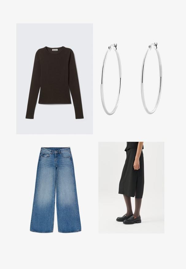 Langærmet, rundhalset top i mørkebrun, lavet af glat bomuldsjersey med en figursyet silhuet og minimalistisk design.; Bredde ben blå denim jeans med en falmet vask. Har robuste lommer, høj talje og en klassisk knap- og lynlåslukning.; Sort knælange nederdel med sideslids, parret med sorte loafers og gennemsigtige brune strømpebukser, der har et glat stof og et enkelt design.; Sølv hoops øreringe med en glat, poleret overflade og en tynd, cirkulær form. Designet har en sikker låsemekanisme.