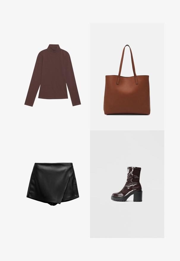 Brown turtleneck long-sleeve top made of soft knit fabric. Features a fitted silhouette and minimal stitching details.; Black faux leather high-waisted shorts with a wrapped design and smooth texture. Features clean lines and no visible fastenings.; Glossy burgundy ankle boot with a chunky black heel, featuring a smooth texture and simple design. No visible fastenings or patterns.; Brown leather tote bag with a smooth texture, open top design, and two shoulder straps. Features minimal stitching and no visible hardware.