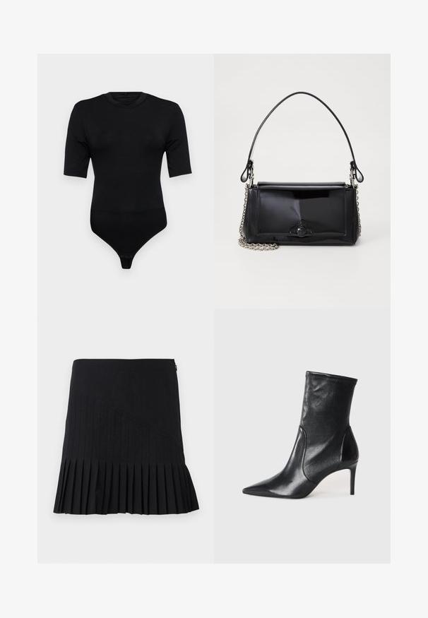 Svart bodysuit med korta ärmar, tillverkad av mjukt tyg. Har en rund halsringning och en thong-botten med tryckknappsstängning. Slät yta.; Svart plisserad kjol med snittade diagonala paneler, en figursydd midja och en utställd nederkant. Materialen verkar lätta och släta.; Svarta ankelskor i slät läder, med spetsig tå, åtsittande skaft och en smal hög klack. Minimalistisk design utan synlig hårdvara.; Svart lackläderhandväska med rektangulär form, kedjestropp och en distinkt hårdvaruaccent i mitten. Slät textur.