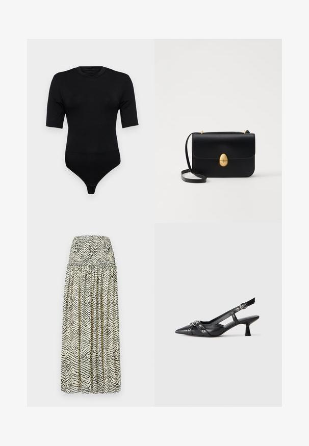 Fekete bodyszut rövid ujjal, puha anyagból készült. Jellemzője egy kerek nyakkivágás és egy tanga alsó résszel ellátva, patentos záródással. Sima textúra.; Krém színű maxi szoknya fekete absztrakt mintával. Ráncolt derékrésszel, pliszírozott kialakítással és légies sziluettel rendelkezik.; Fekete bőr slingback cipő hegyes orral, dekoratív pántokkal, fém szemekkel és alacsony blokk sarkú. Texturált felület.; Fekete bőr kézitáska, struktúrált, téglalap alakú formával. Arany ovális kapoccsal és vékony vállpánttal rendelkezik. Sima textúrájú.