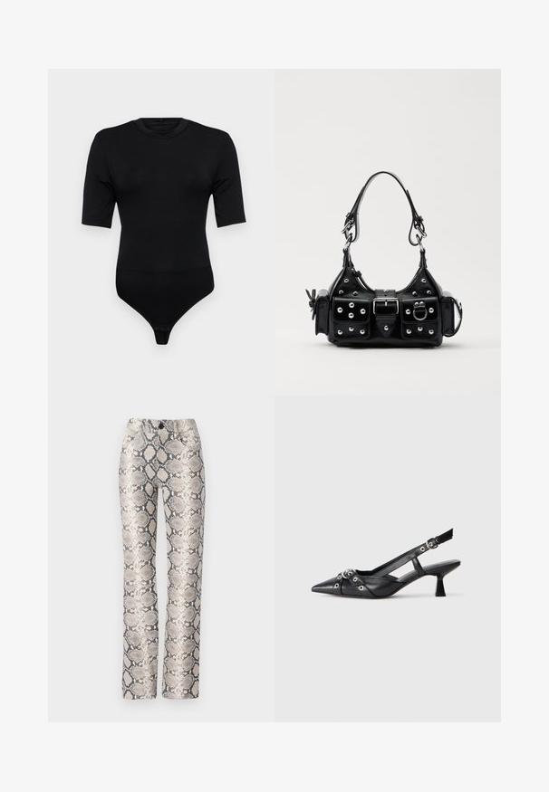 Czarny kombinezon z krótkim rękawem, wykonany z miękkiego materiału. Charakteryzuje się okrągłym dekoltem oraz spodenkami w stylu thong z zapięciem na zatrzask. Gładka faktura.; Spodnie w wężowy wzór w beżowo-szarym kolorze. Prosty krój nogawek z teksturowanym wykończeniem i przednimi kieszeniami. Posiadają zapięcie na guzik.; Czarne skórzane buty typu slingback z ostrym noskiem, ozdobnymi paskami z metalowymi oczkami oraz niskim klinowym obcasem. Teksturowana powierzchnia.; Czarna skórzana torebka w zakrzywionym kształcie, z srebrnymi ćwiekami, klamrą i dwoma bocznymi kieszeniami. Regulowany pasek umożliwiający różne opcje noszenia.