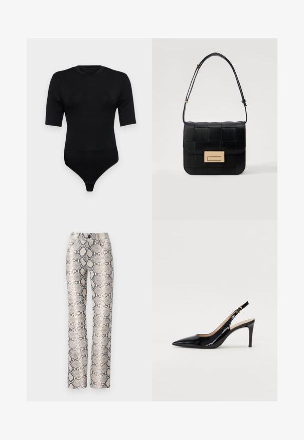 Sorte bodysuit med kortærmer, lavet af blødt stof. Har en rund halsudskæring og en thong-bottom med trykknaplukning. Glat tekstur.; Slangemønstret bukser i en beige og grå farveskala. Lige ben design med en struktureret overflade og forlommer. Har en knaplukning.; Sort patenteret læder slingback stiletto med spids tå, slank hæl og et subtilt udskæringsdesign. Har en gylden spænde på remmen.; Loeffler Randall DESI CROSSBODY WITH LOCK HARDWARE - Skuldertasker - black