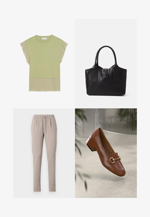 Svetlozeleni kratki rokav z nabranim chiffon robom. Mehka mešanica bombaža z okroglo ovratnikom in nabrano rokavi.; Bež hlače za trening z vrvico v pasu, ožji nogi in nabranim sprednjim detajlom. Narejene so iz mehke, lahke tkanine.; Rjavi lakirani loafer z kvadratnim nosom, kovinsko verigo kot okrasom in nizko blok podplatom; gladka tekstura, minimalističen dizajn.; Črna usnjena torba s gladko teksturo, strukturirano obliko, dvema ročkama in izrazitim srebrnim sponko na sprednji strani.