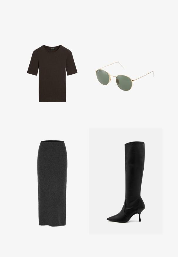 Mørkebrun kortærmet t-shirt med rund hals, enkel design med ribbet krave, mærket Massimo Dutti ved kraven.; Strikket blyantskirt i mørkegrå, mellemlang med en tætsiddende form, glat tekstur og elastisk talje for komfort.; Stuart Weitzman Høje støvler/ Støvler - black; Gul metalrammede solbriller med grønne linser, rund form, tynde stænger og hvide plastdetaljer på spidserne af armene.