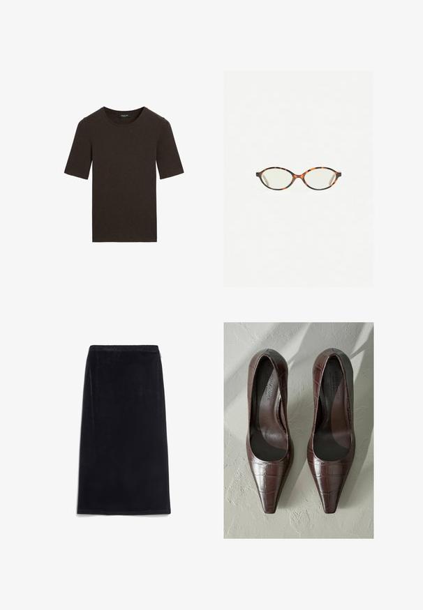 Donkerbruin t-shirt met korte mouwen en ronde hals, eenvoudig ontwerp met geribbelde halslijn, gelabeld Massimo Dutti bij de kraag.; Zijdezachte zwarte midi-rok van velvet met een gladde textuur, elastische tailleband en eenvoudig design. Geen zichtbare patronen of hardware details.; Bruine gepatenteerde leren hoge hakken met een spitse neus, voorzien van een krokodillenstructuur en een gladde binnenkant. Ontworpen voor een stijlvolle uitstraling.; Kattenoogbril met ovale lenzen en een strakke, gladde afwerking. Heeft dunne zijkanten met een subtiele kromming bij de slapen. Transparante lenzen.; Zwarte leren schoudertas met een gladde textuur, gebogen vorm en een enkele verstelbare schouderriem voorzien van gouden hardware en een merkaccent.