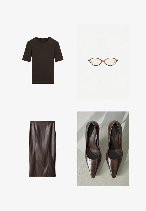 T-shirt à col rond à manches courtes de couleur marron foncé, au design uni avec un col côtelé, étiqueté Massimo Dutti au niveau du col.; Jupe crayon en cuir marron avec une texture lisse, longueur genoux, présentant des coutures verticales pour le design. Pas de quincaillerie ni d'accents supplémentaires.; Escarpins en cuir verni marron avec un bout pointu, présentant une texture crocodile et un intérieur lisse. Conçus pour une apparence élégante.; Lunettes en écaille de tortue avec des verres ovales et une finition lisse et élégante. Présente des branches fines avec une courbure subtile au niveau des tempes. Verres transparents.; Sac à épaule en cuir noir avec une texture lisse, une forme incurvée et une seule bandoulière réglable avec des ferrures dorées et un accent de marque.